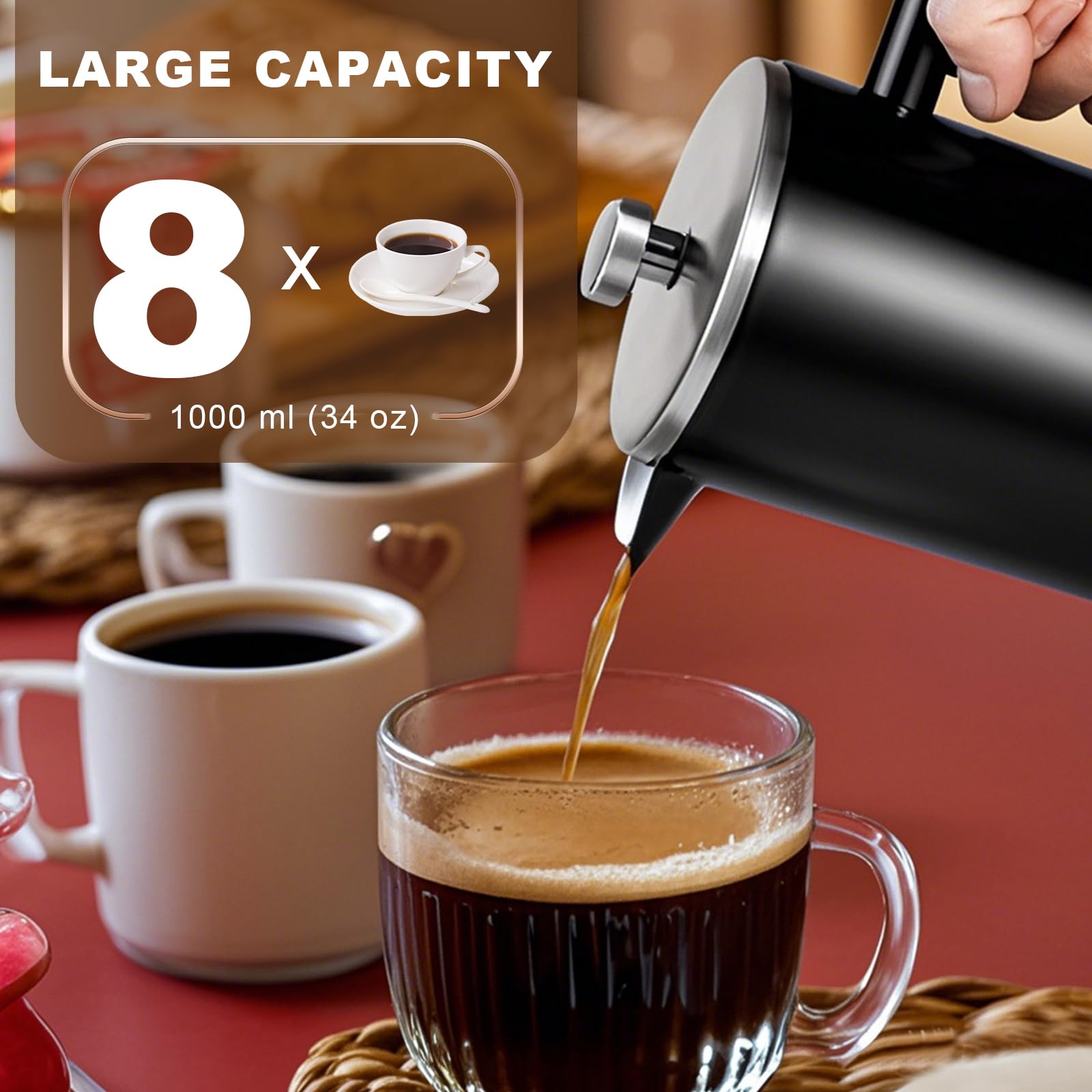 SZHETEFU French Press - Cafetera de prensa francesa grande aislada de acero inoxidable de alta calidad, capacidad de 4 a 6 tazas, cafetera de émbolo de prensa francesa, color negro