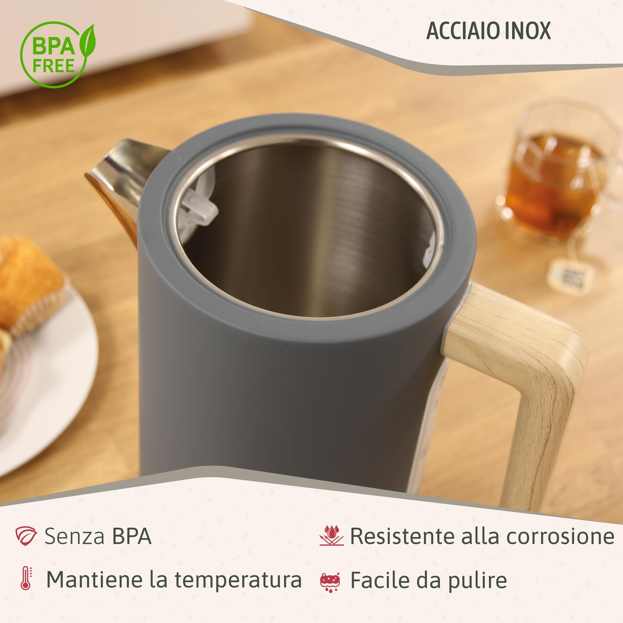 briebe Nordic Tostapane a Fessura Larga a 2 Fette, 6 Livelli di Tostatura, Pinze + Bollitore Elettrico 1,7L Cordless, Ebollizione Rapida 2200 W, senza BPA, Set Colazione Design Nordique, Grigio
