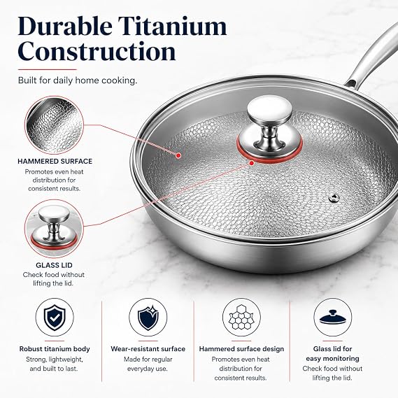 Titanium Hammered Pan Pro with Lid, Titanium Pans for Cooking Non Stick, Frying Pan Cookware (8in)