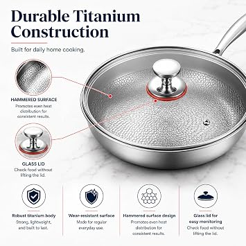 Titanium Hammered Pan Pro with Lid, Titanium Pans for Cooking Non Stick, Frying Pan Cookware (8in)