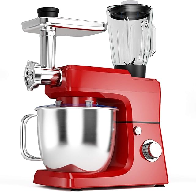 TANGZON 3-In-1 6.5L 1300W Stand Mixer, 6+P Speeds Tilt-Head Food Mixer with Meat Grinder, Blender, Dough Hook, Whisk, Beater, Flex Edge Beater, Sausage Attachment & Splash Guard, Kitchen Mixer (Red)