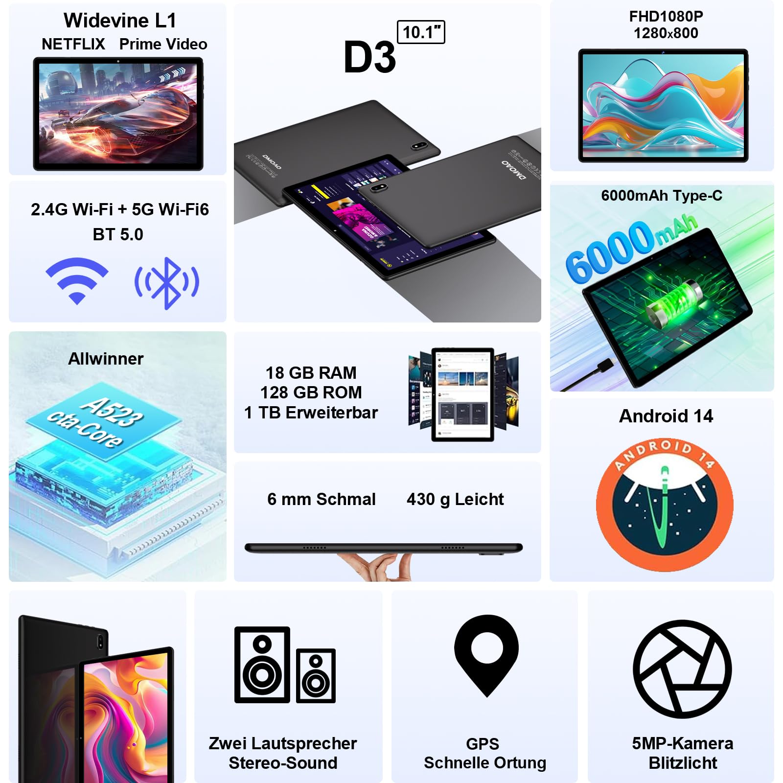 DMOAO Android 14 Tablet 10 Pollici con 18GB RAM + 128GB ROM(TF 1TB), HD con 5G Wi-Fi 6, Widevine L1, Octa-Core 1.8 GHz, USB-C, BT 5.0, 6000mAh, con Tastiera + Mouse, Nero