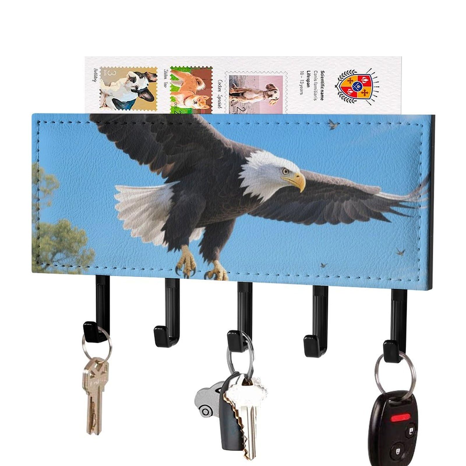 DWVTSLH Patriotic Bald Eagle Key Holder for Wall, Decorative Key Hooks with Mail Organizer & 5 Hooks, Self Adhesive Leather Key Hanger for Entryway, Wall Mounted Key Rack (7.1” X 4.3” X 0.9”)