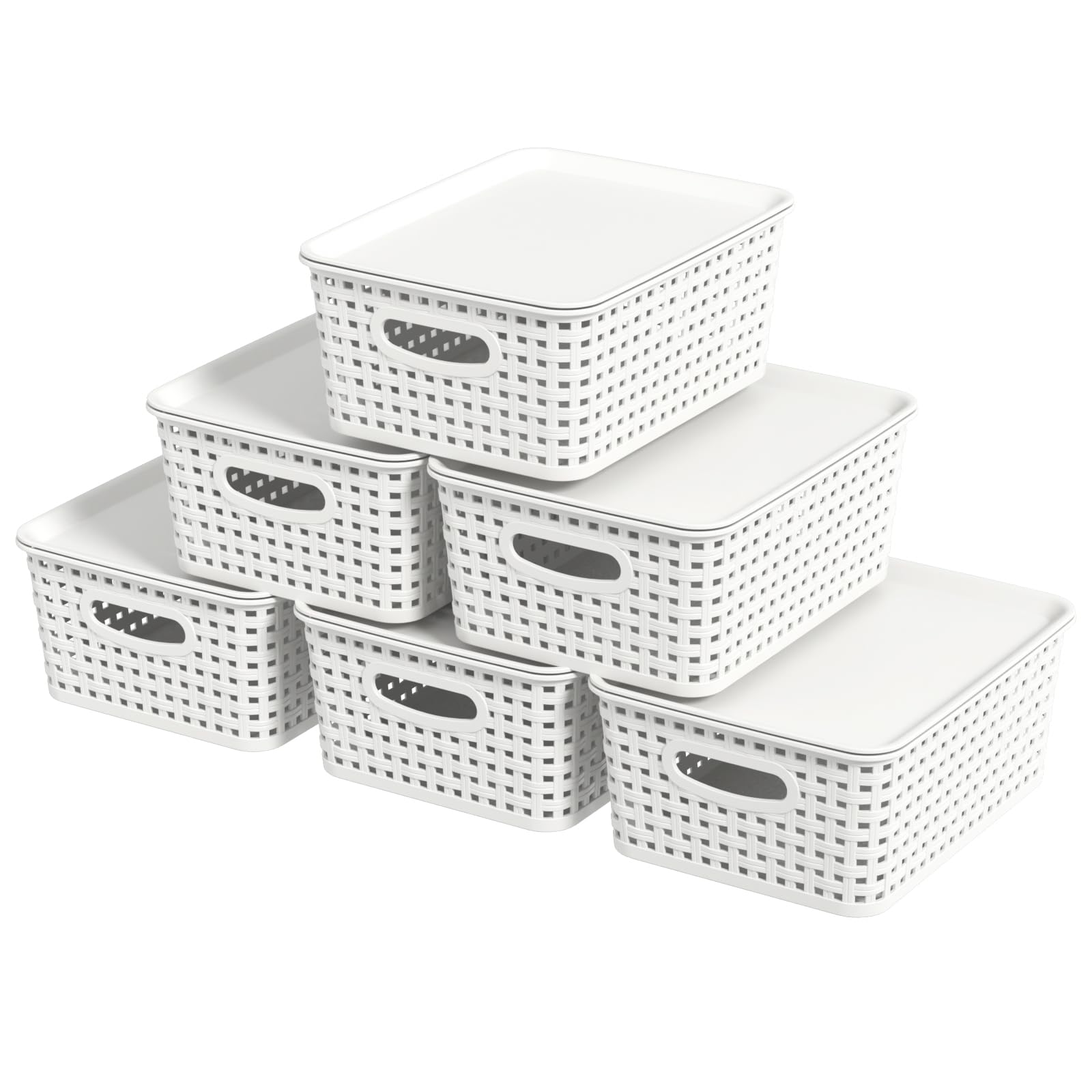 Cestas de almacenamiento de plástico tejido blanco organizador con tapa lote de 6 unidades