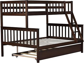MERITLINE Wood Bunk Bed with Trundle, Detachable Bunk Bed with Ladders and Guardrails, Solid Wood Bedframe Convertible to Twin Size Beds, Twin Over Full Size, Espresso