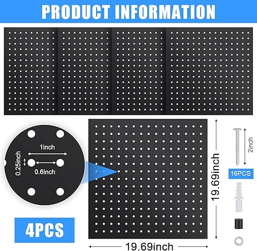 Miniatura 3 de Sadnyy Paquete de 4 paneles de pared para tablero de clavijas, organizador de tablero de clavijas de montaje en pared con accesorios de montaje,
