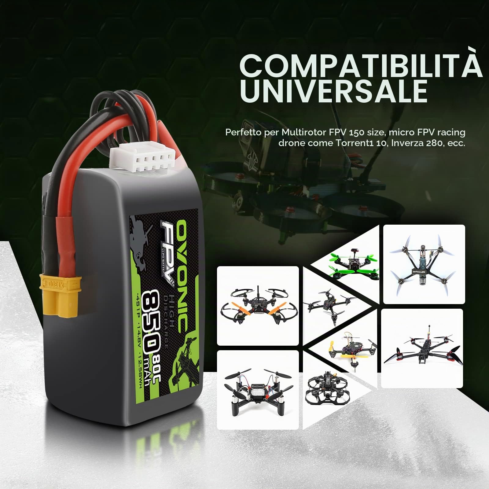 OVONIC Batteria Lipo 4s 80C 850mAh 14.8V con XT30 per RC Aereo Quadcopter Elicottero FPV Racing Drone (4 pezzi)