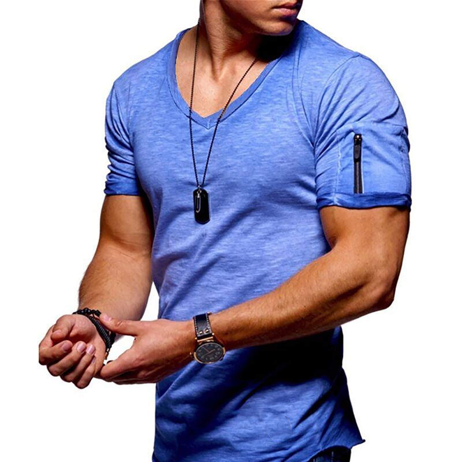Men's Muscle Workout Athletic T-Shirt Bodybuilding Fashion Short Sleeve Slim Fit Zipper Tee Top Blue