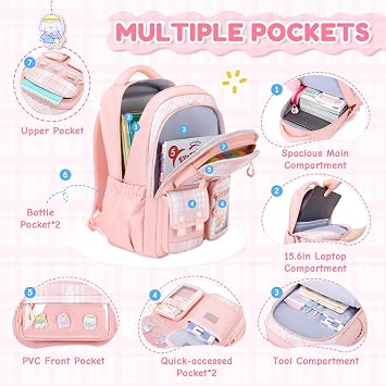 Girls School Backpack, Cute Kawaii Kids Rucksack for Primary School Students, Water Resistant Bookbag with Cartoon Pins & Pom Pom, Travel Bag with Luggage Strap