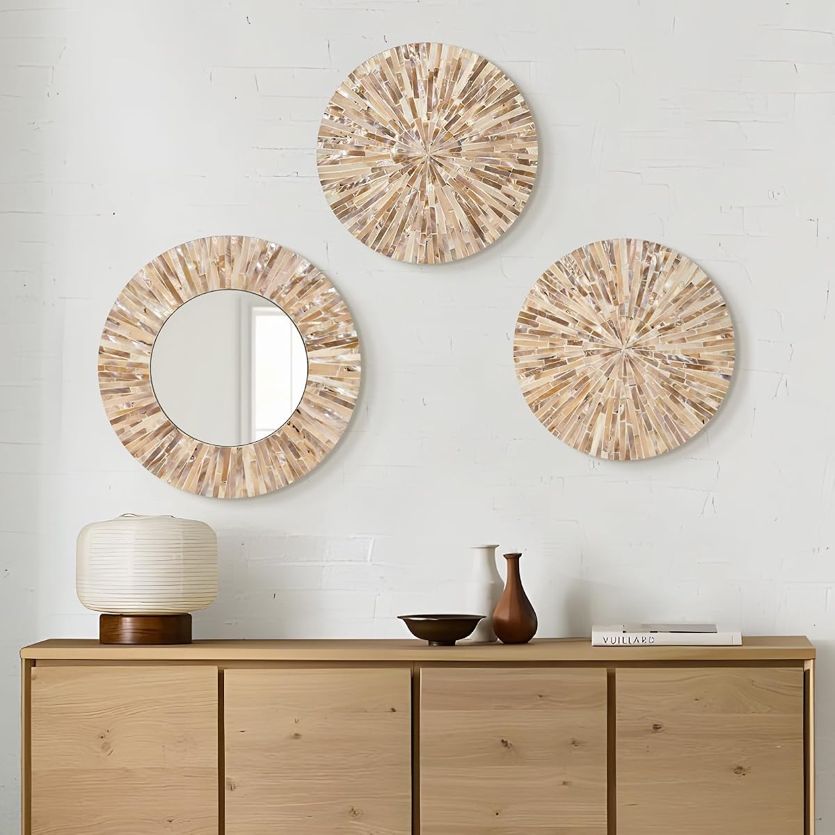 Espejo de pared decorativo bohemio de nácar para sala de estar, marrón | Decoración de pared de espejo artesanal Natural para el hogar, dormitorio, apartamento, pasillo, escalera, placas de arte en mosaico para decoración de bodas