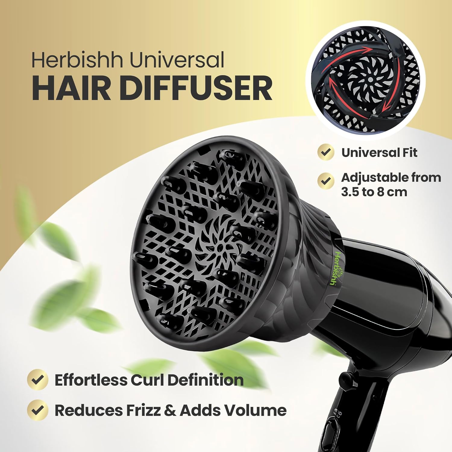 Herbishh Hair Dryer Diffuser Attachment for Even Heat Distribution, Universal Fit for Curly, Thick & Wavy Hair, Reduces Frizz & Adds Volume, Gifts for Her, Adjustable from 3.5 to 8 cm (Black)