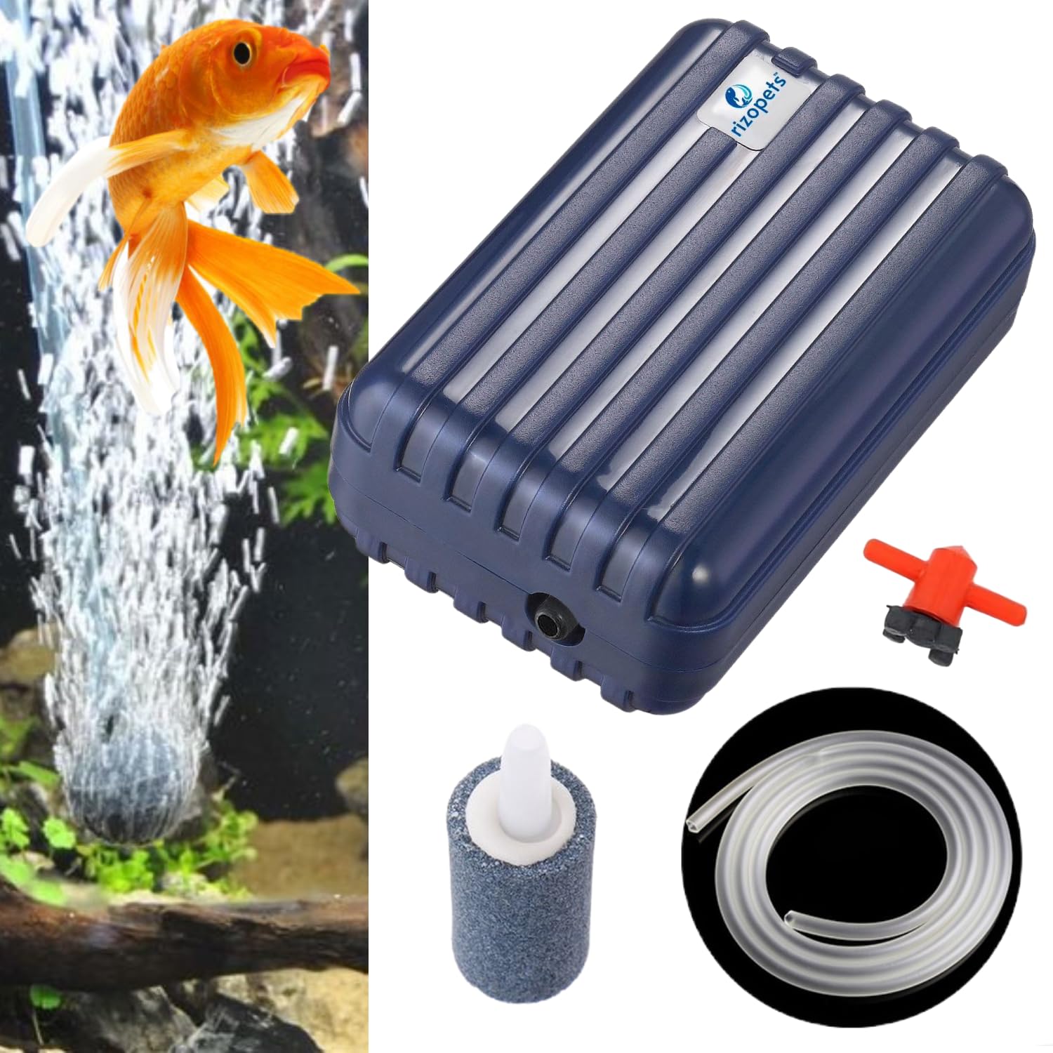 Rizopets Super Silent Single Outlet Aquarium Air Pump| Oxygen Pump with Silicone Pipe, Air Stone and Air Flow Controller (B0D8G9H7HQ) Amazon Price History, Amazon Price Tracker