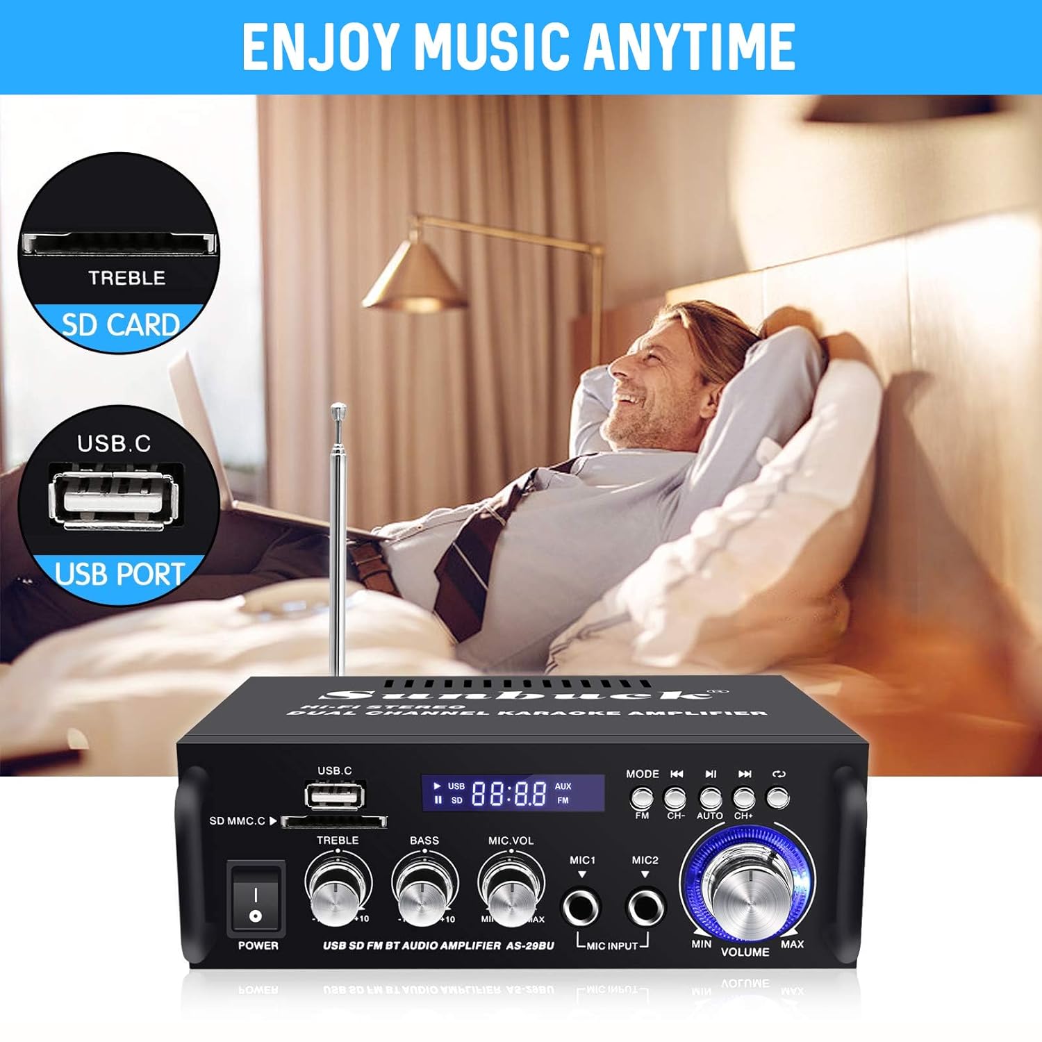 Close-up daripada amplifier's front panel showing USB and SD card slots, with a person relaxing and listening to music.