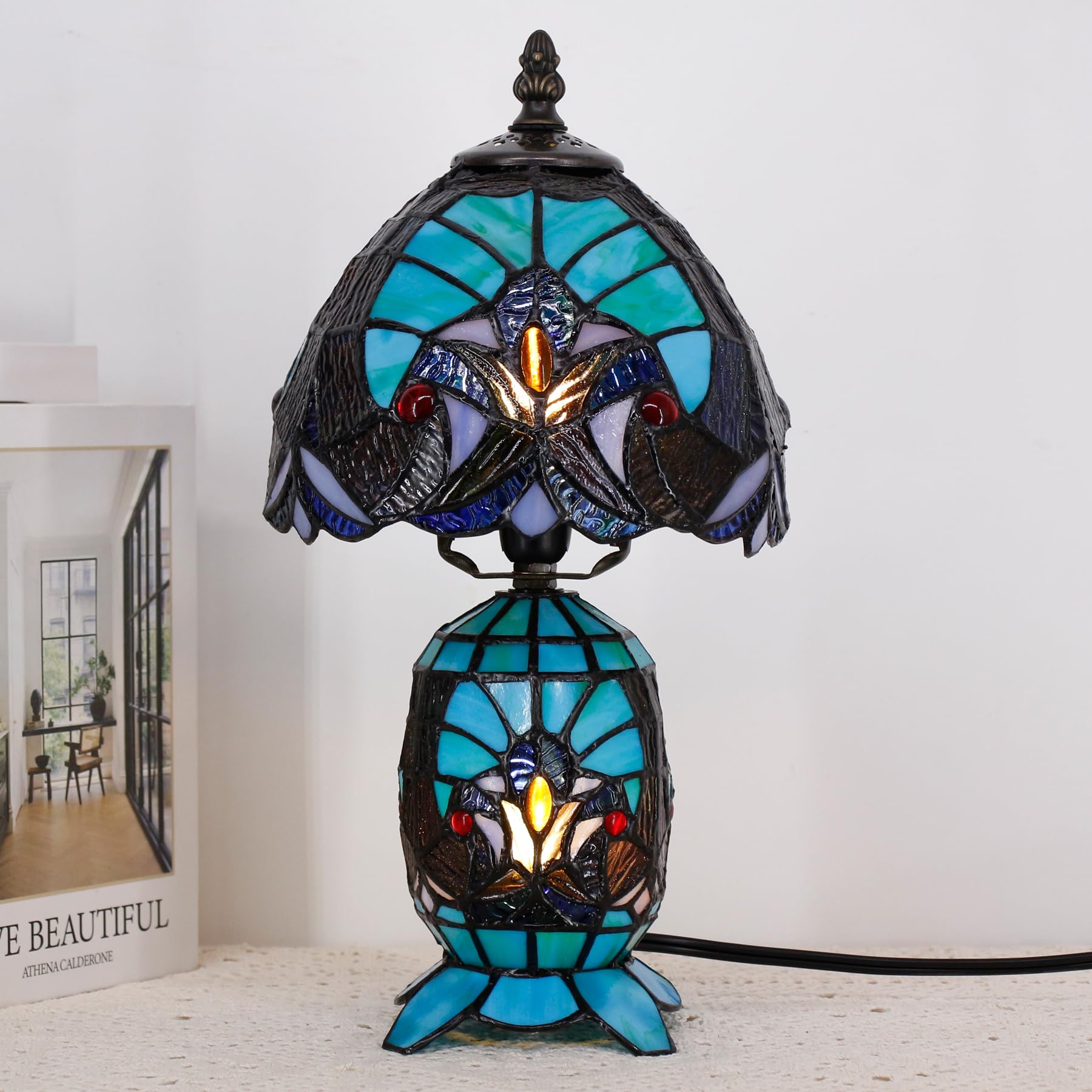 TCODTPOL Small Tiffany Stained Glass Table Lamp 8X14 Inches(Green)