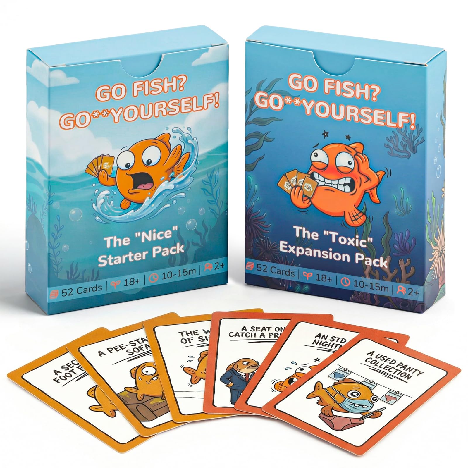 IEYMLRN Go Fish Yourself Adult Party Game Bundle - 104 Large Cards (Starter & Expansion Pack Included) - Spill-Resistant Matte Finish - Hilarious Card Games for Mature Party Nights & Gifts