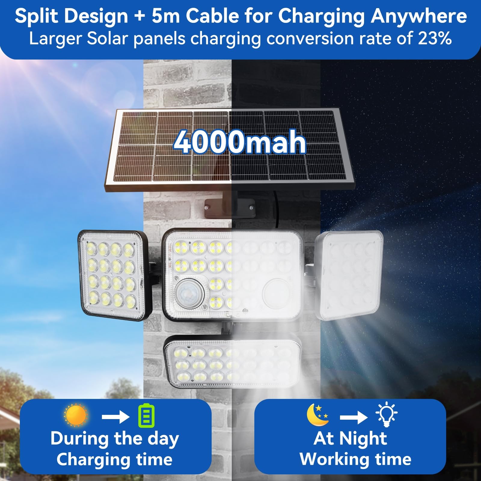 Luci solari da giardino, 292 LED, luci di sicurezza a energia solare, sensore di movimento per esterni, 3 teste regolabili, angolo di illuminazione a 270°, impermeabile IP65, lampada da parete ad