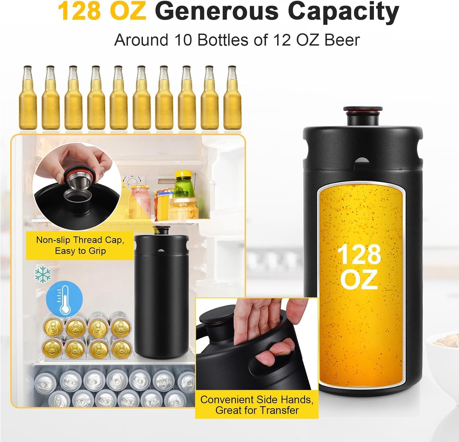 Mini Keg Growler 128OZ Stainless Steel Mini Keg Matte Black Powder Coated Portable Keg Homebrew Growler Pressurized Growler with Exhaust Valve Cap Mini Keg Insulator Sleeve Seal Knob Cover