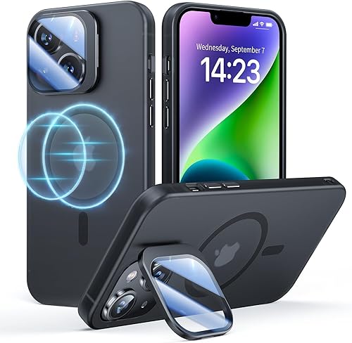 Funda para iPhone 13iPhone 14, protección contra caídas de grado militar, compatible con MagSafe, soporte integrado y protector de lente de cámara,