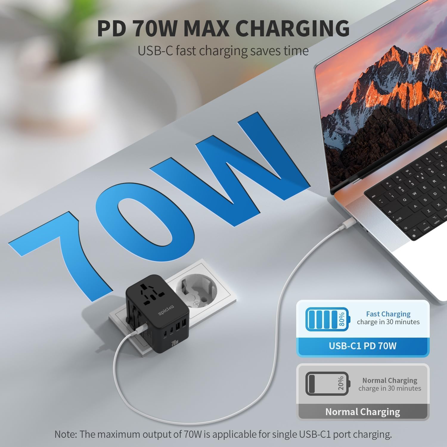EPICKA GAN Adaptador Enchufe Universal, PD 70W Adaptadores de Viaje con 3 USB-C y 2 USB-A, Adaptador Universal Enchufe Viaje para UK USA Japón, Tailandia, Australia, Irlanda TA-105P, Negro