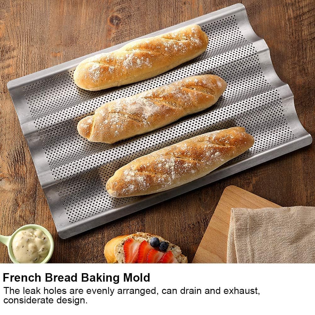 Agatige French Baguette Bread Pan, 3 Grooves Perforated Pans Nonstick Stainless Steel Bread Loaf Bakers Rack Baking Tray Perforated Loaf Pans for Kitchen