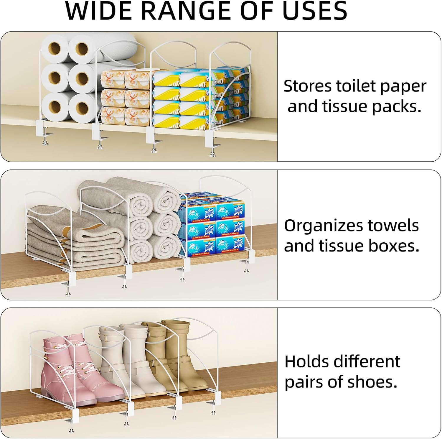 6-Piece Wire Shelf Dividers for Closet Organization, Upgraded C-Clips Adjustable Metal Shelf Dividers Suitable For Bedrooms & Kitchens, Storage Helper for Handbag Sweater Shirt Ankle Boots, White