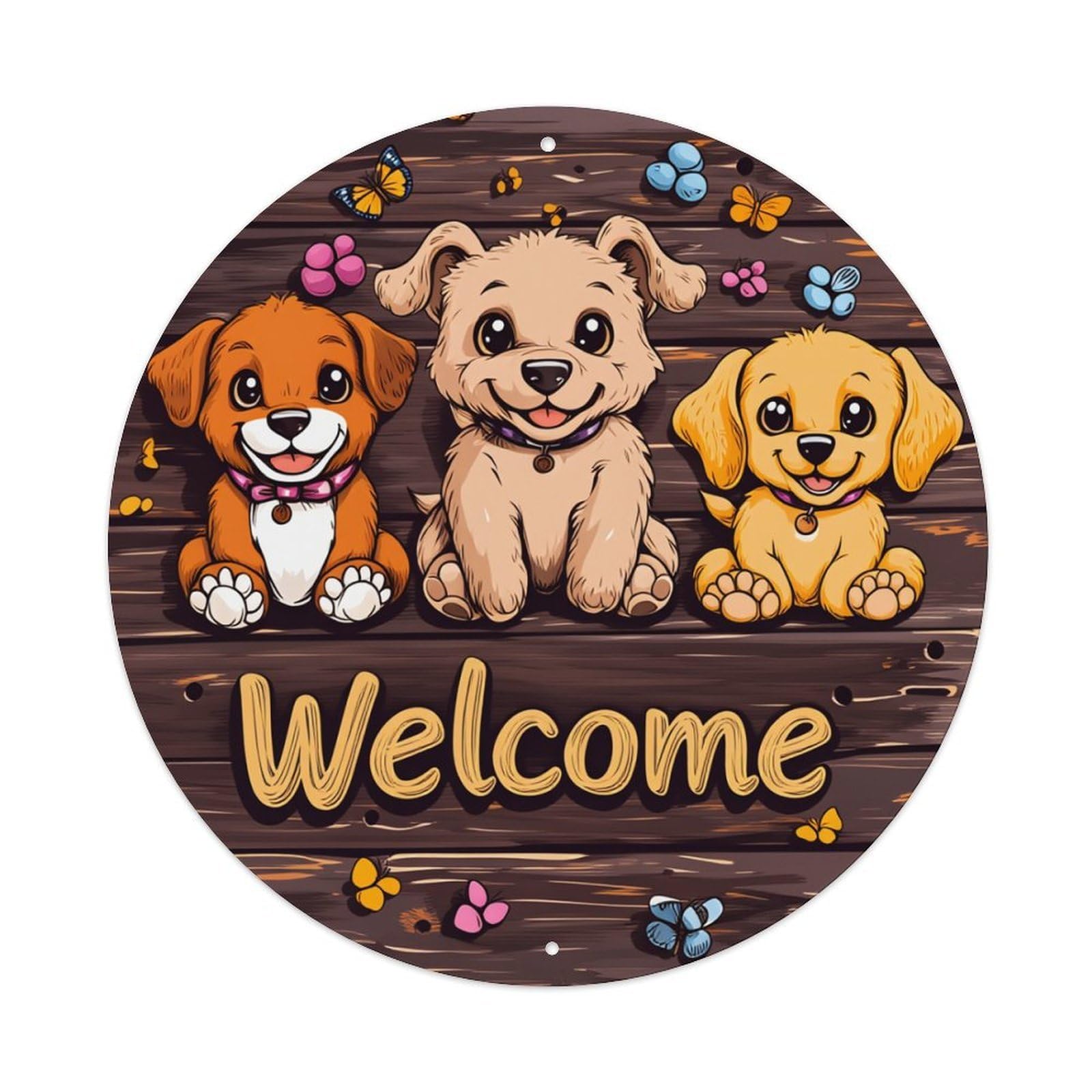 Cute Puppies Butterflies Wood Welcome Round Tin Sign Retro Metal Sign for Cafe Bar Pub Home Game Room Gym Club Wall Decoration Vintage Metal Poster 8x8 Inch