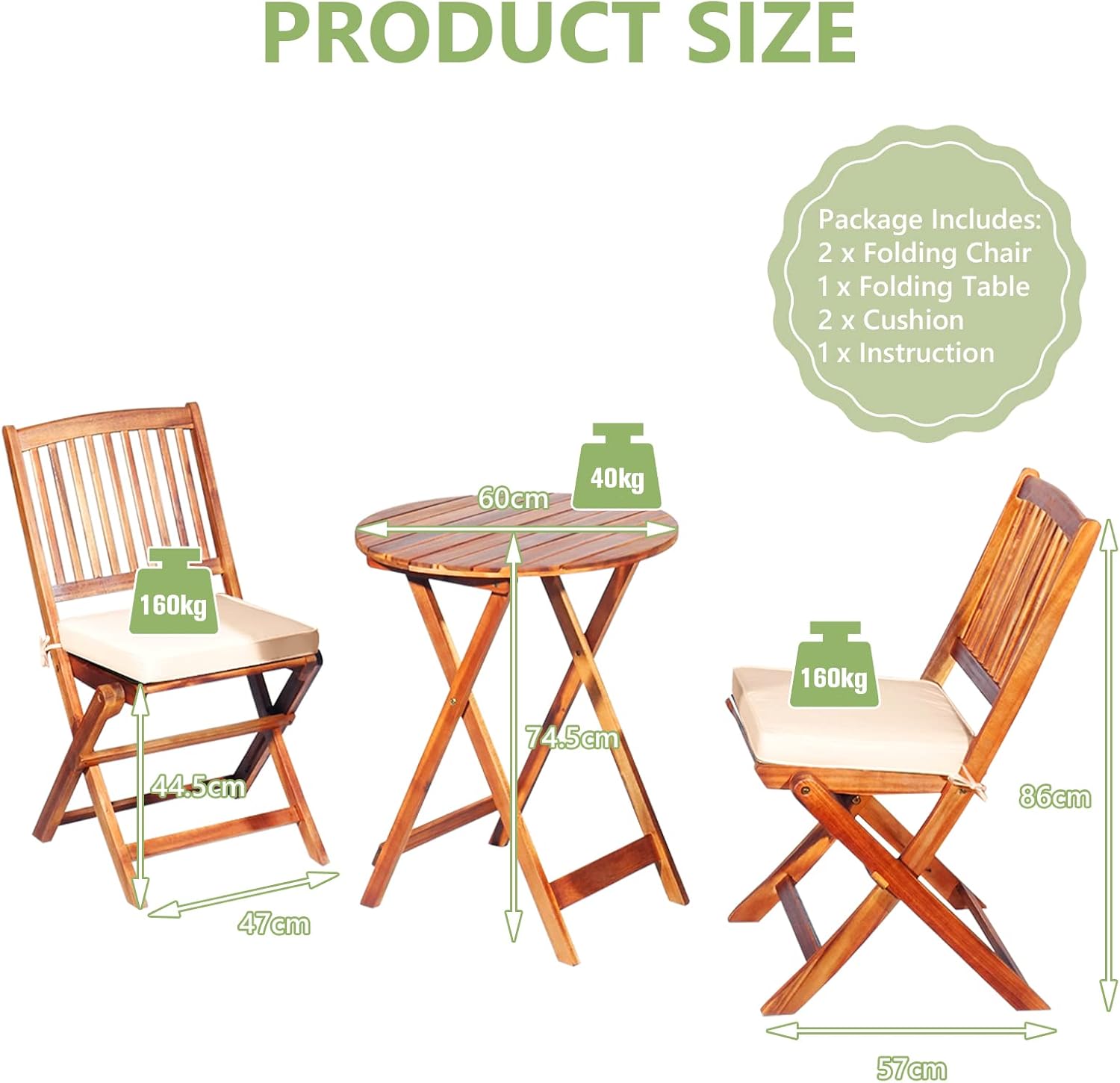 Outdoor Bistro Table and Chairs Set of 2, Patio Folding Bistro Set w/Padded Cushion& Round Coffee Table for Indoor Patio Poolside Garden Yard and Bistro, Acacia Wood