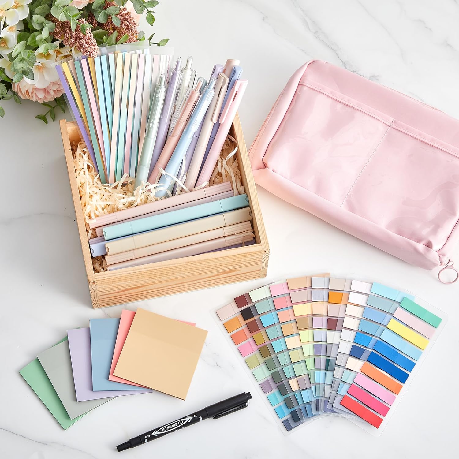 135 Pcs Book Annotation Kit Aesthetic Pencil Case Bag 12 Highlighter 11 Gel Pen 1 Marker 300 Sheet Transparent Sticky Notes Pad 2640 Index Stickers Bible Study Supplies (Kawaii,Pink)