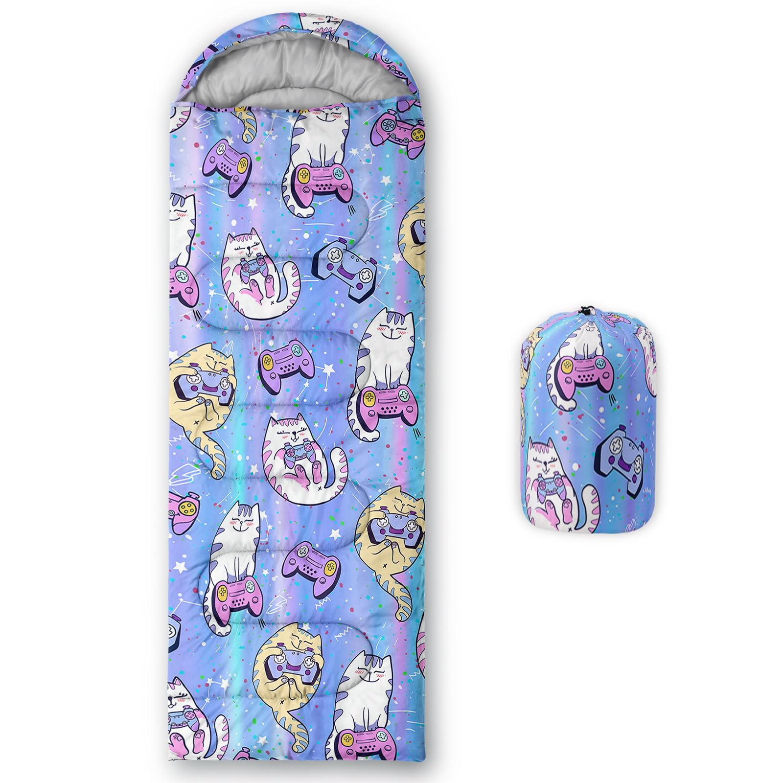 HOSIMA Sleeping Bags for Boys Girls Kids,Gamepad Cat Printeded Lightweight Warm Portable Outdoor Indoor Waterproof Cold-Resistant Sleeping Bag for Camping Hiking (Cat)