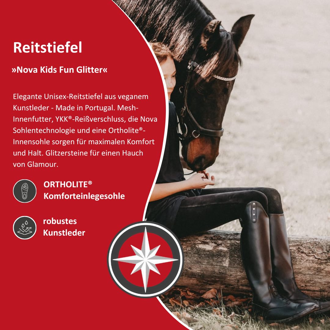 SUEDWIND FOOTWEAR Botas de equitación para niños «Nova Kids Fun Glitter», suela cómoda, cremallera YKK, aspecto de piel, hipoalergénicas, transpirables, compatibles con el torneo