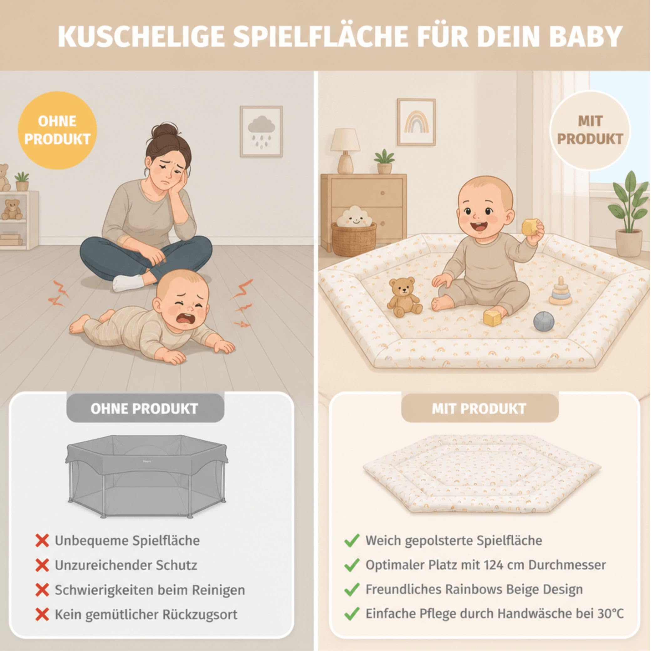 Fillikid Einlage Laufstall 6-eckig Exklusiv | Krabbeldecke Laufgitter 120 cm | Schutzeinlage Laufgitter weich gepolstert | Spieldecke waschbar | Laufgittereinlage