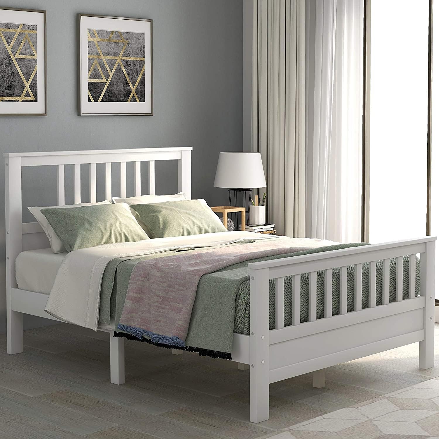 Full Size Solid Wood Platform Bed Frame Kids Bed, Bed with Headboard, No Box Spring Needed Panel Bed, Wood Slat Support Mattress Foundation (Full,White)
