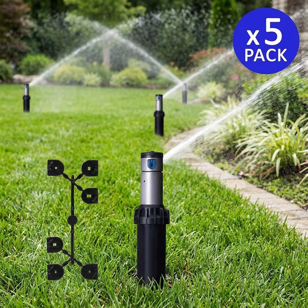 Aspersor de riego Hunter I-20-04 3/4"| Pack 5 Aspersor de Jardin Emergente 5,2-14,3 m | Aspersor de cesped Profesional Acero Inoxidable para Zonas Residenciales y Deportivas