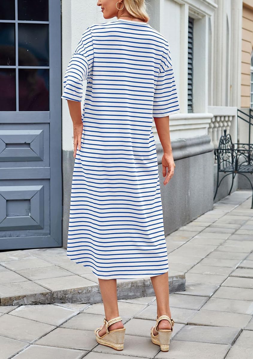 chouyatou Women's Contrast Color Striped T-Shirt Dress Casual Loose Short Sleeve Midi Long Beach Dress - Image 4
