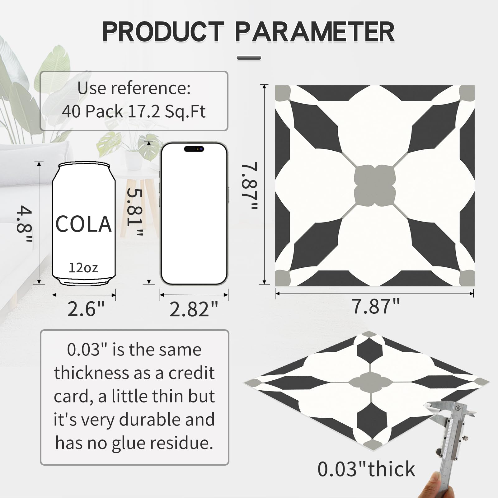 MORCART Piastrelle autoadesive per pavimenti, 20,3 x 20,3 cm, 40 pezzi, in vinile fai da te, rimovibili e impermeabili, per bagno, cucina, scale (nero)