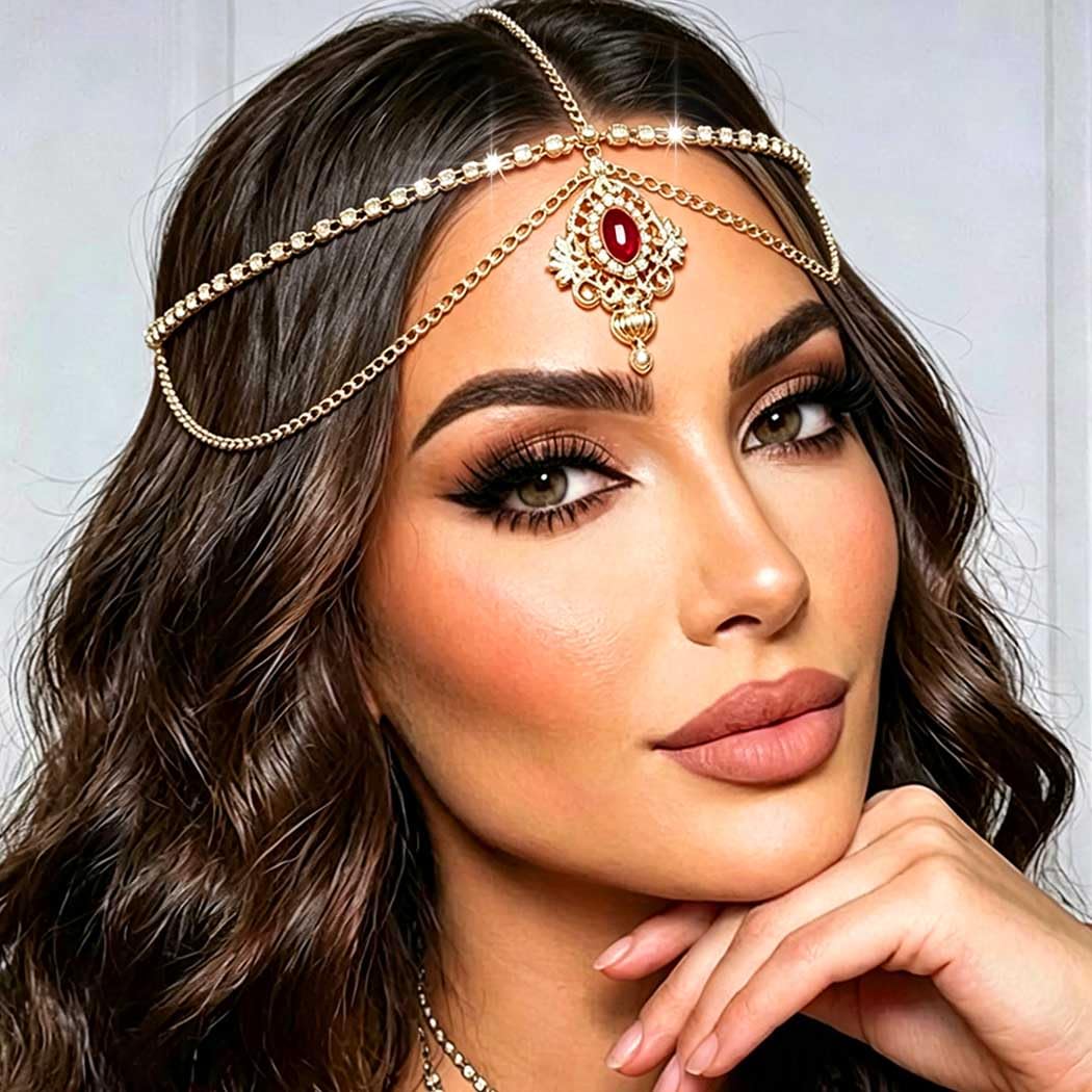 Gold Rhinestone Head Chain Indian Layered Forehead Headpiece Wedding Bridal Hair Jewelry