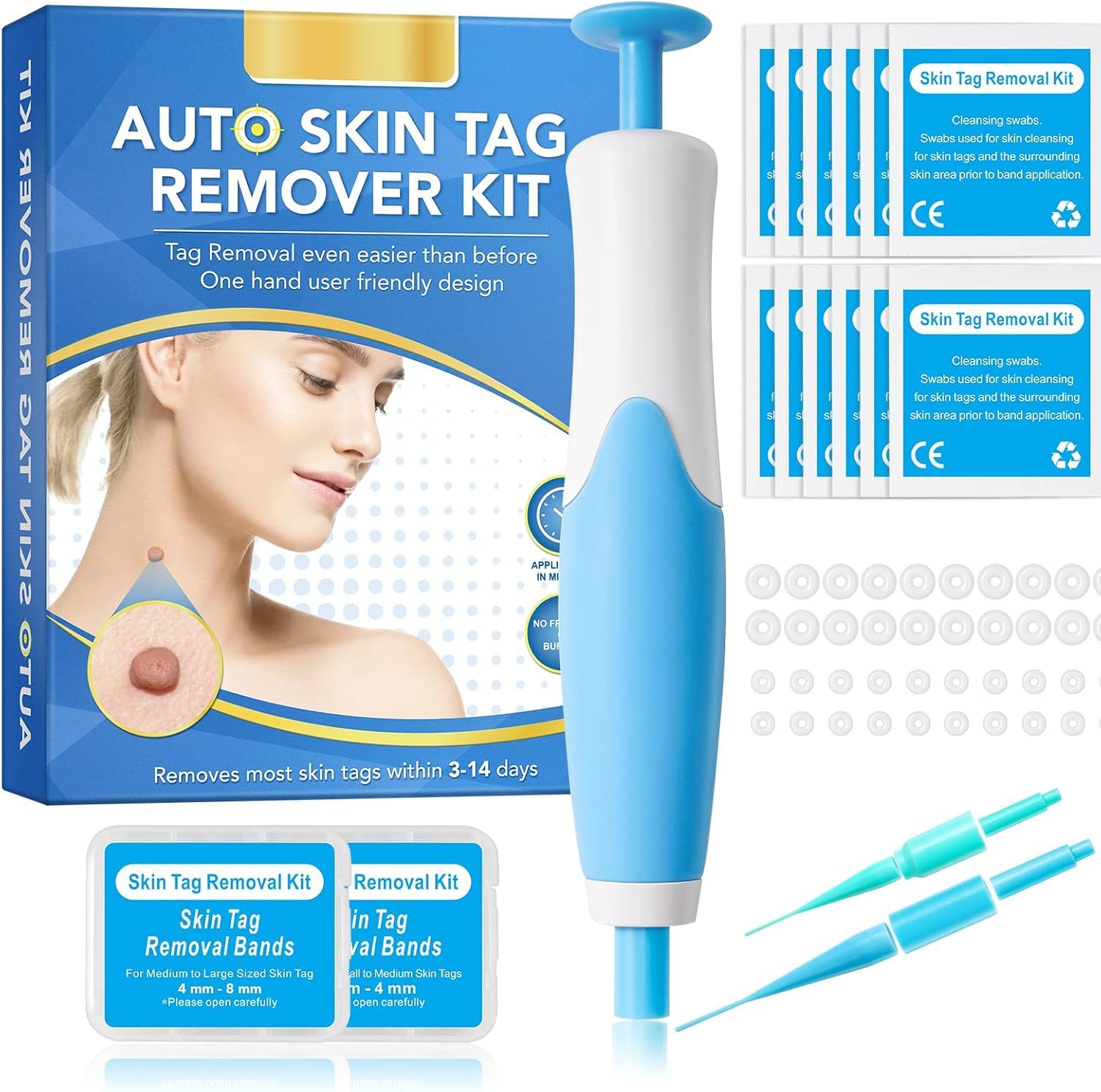 Skin Tag Removal Kit with 40 Bands (2mm-8mm), Upgraded Fast-Acting Safe and Painless Remover for Small to Large Skin Tags on Face Neck Body, Effective for All Skin Types