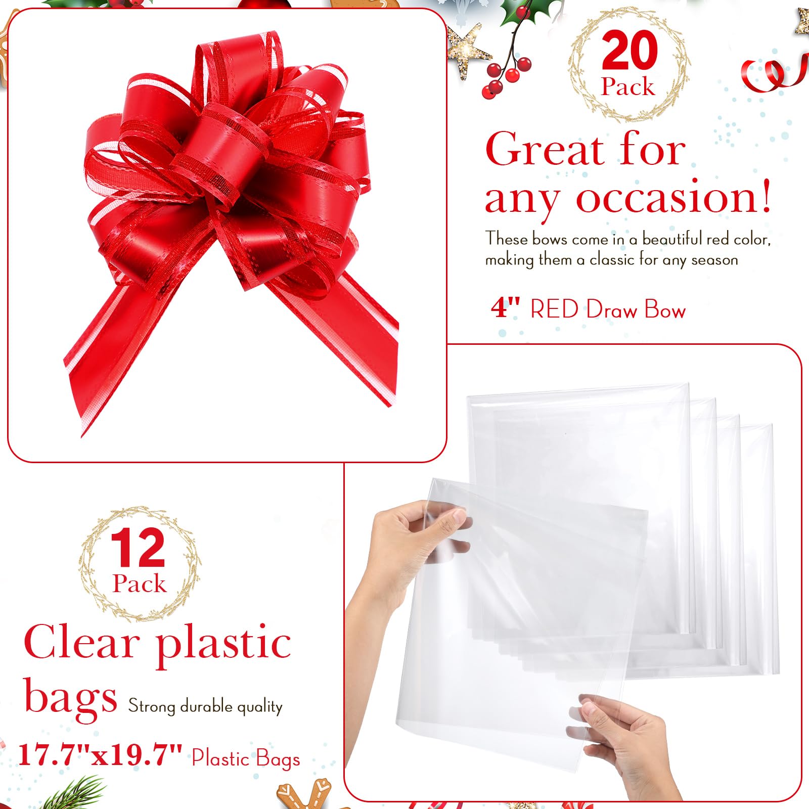 Il kit di 44 cesti regalo vuoti, include 12 cesti regalo vuoti, 12 sacchetti di plastica per cesti regalo e 20 fiocchi da tirare per matrimoni, Ringraziamento, Natale, feste, confezioni regalo (rosso,
