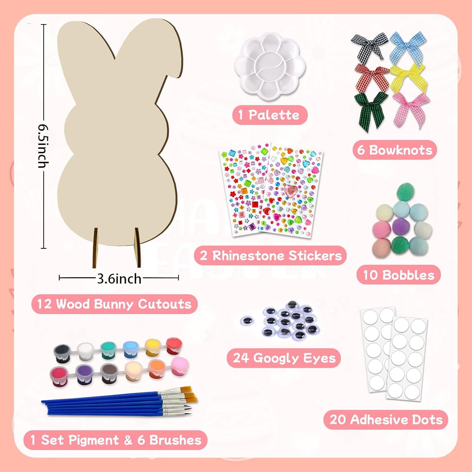 LIJUGITF Easter Crafts for Kids Adults, Wooden Bunny Art and Crafts Painting Kit, 12 Pack Unfinished Wood Bunny Cutouts for Spring Party Activities, Easter Basket Stuffers for Spring Home Decorations