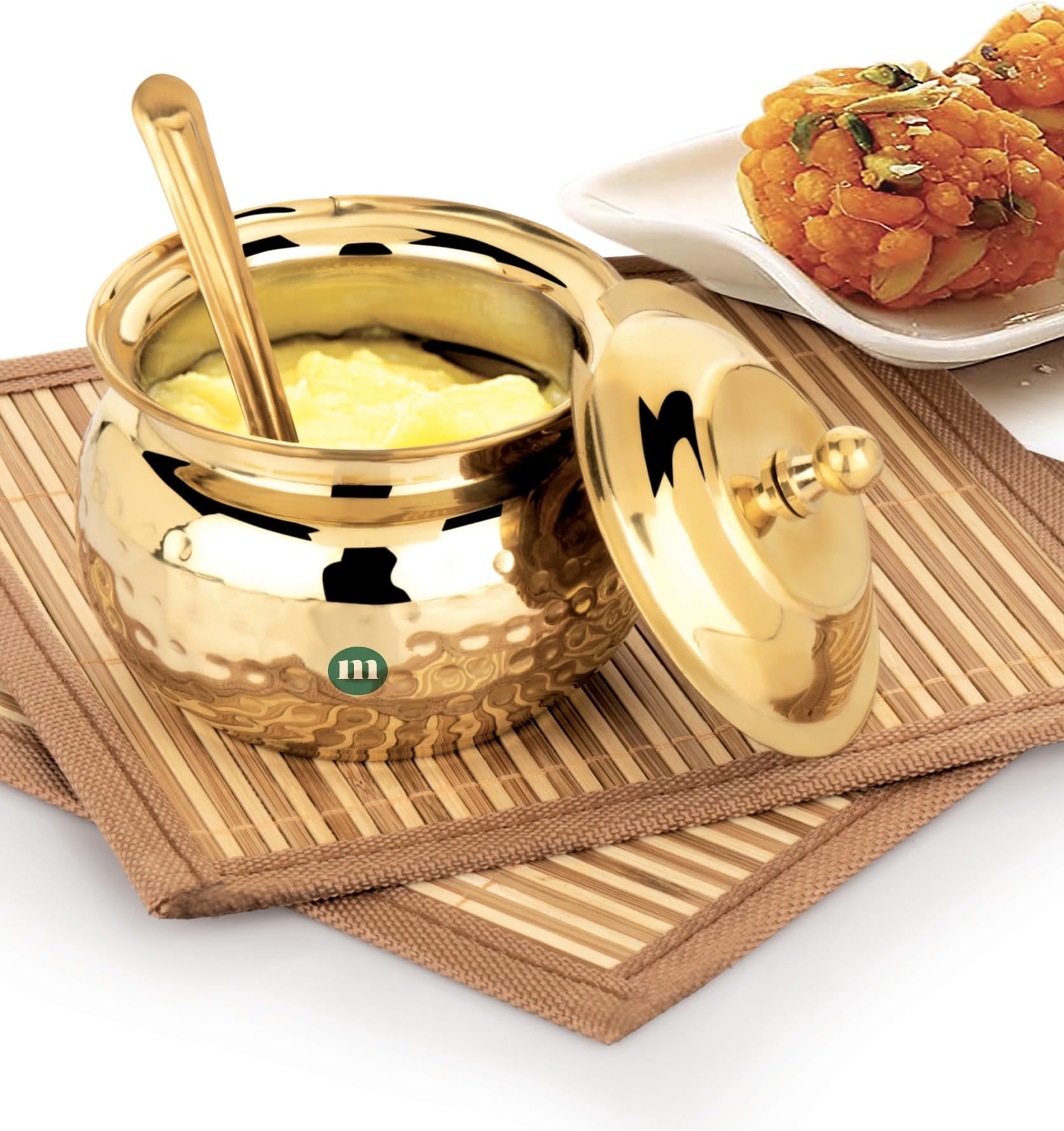 MARU Premium 300ml Hammered Design Brass Ghee Pot with Lid & Spoon –Perfect for Ghee, Oils, and Kitchen Storage – Durable Ghee Container For Kitchen, Design for Stylish and Ritual Use