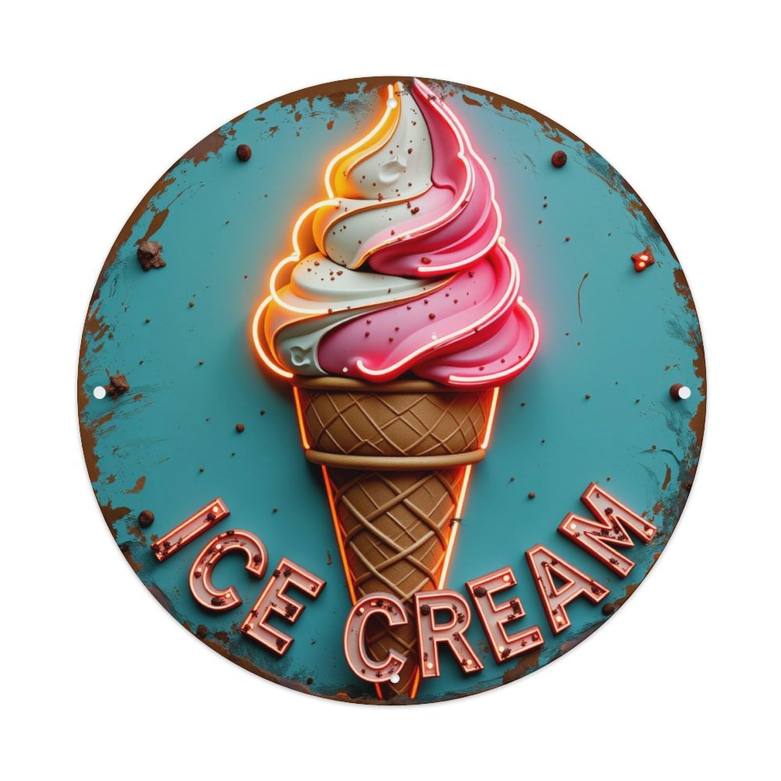 Neon Ice Cream Cone Sign Round Metal Tin Sign Vintage Wall Decor, Bar Garage Cafe Kitchen Home Wall Art Poster 8x8inches