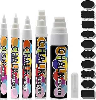Ruucy 5 White Chalk Pens, Wipeable White Chalk Markers, Liquid Chalk Pens for Blackboards, Chalkboard, Windows, Glass Jars, Fabric Chalk(5 Different Reversible Tip 1, 3, 6, 10, 15mm) with 50 Labels