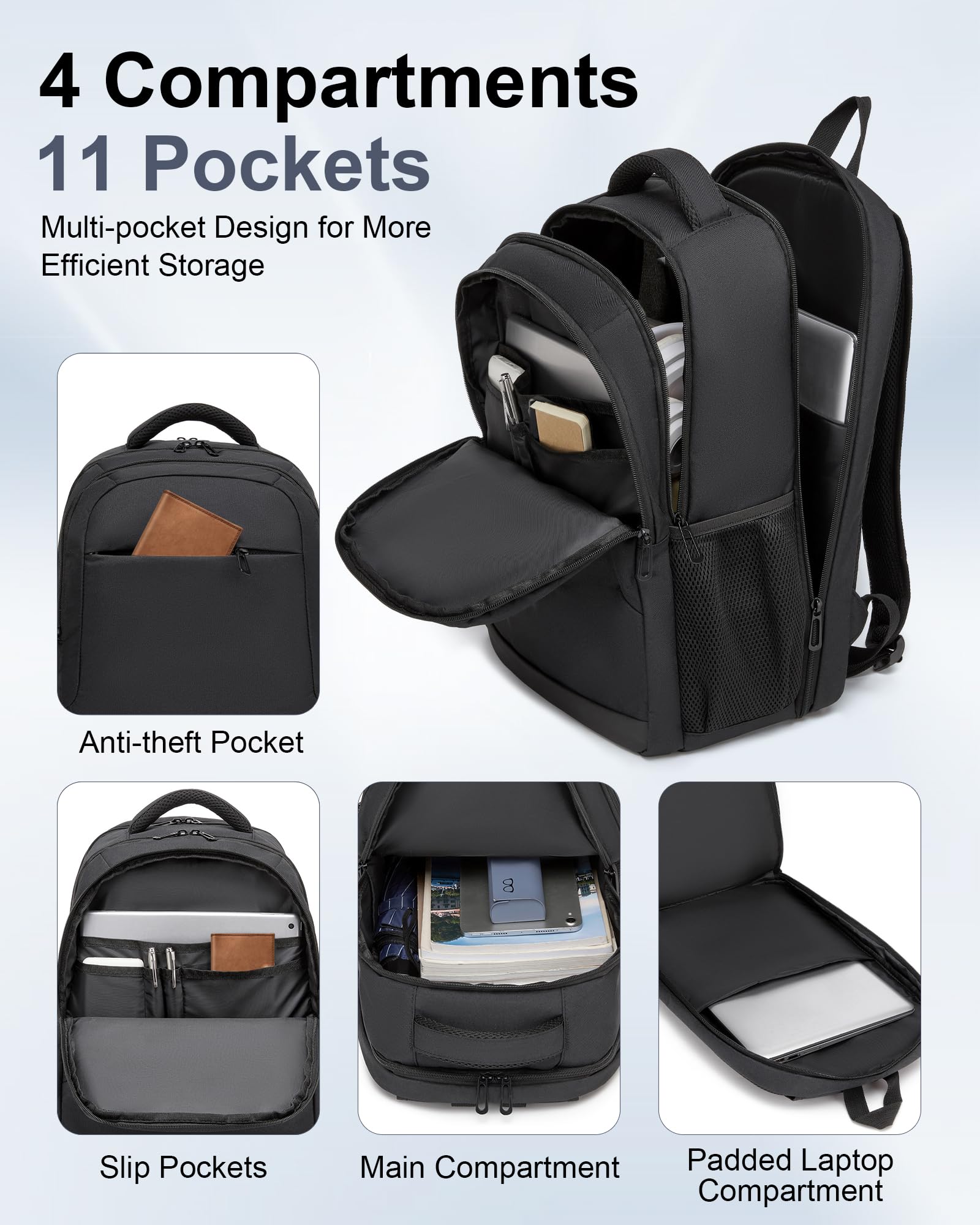 Zaino Porta PC 15,6 Pollici Uomo Donna, Zaino da Lavoro con Scomparto Imbottito per Laptop e Apertura Completa, Leggero Antifurto per Viaggi Ufficio Università Quotidiano Pendolarismo - Nero