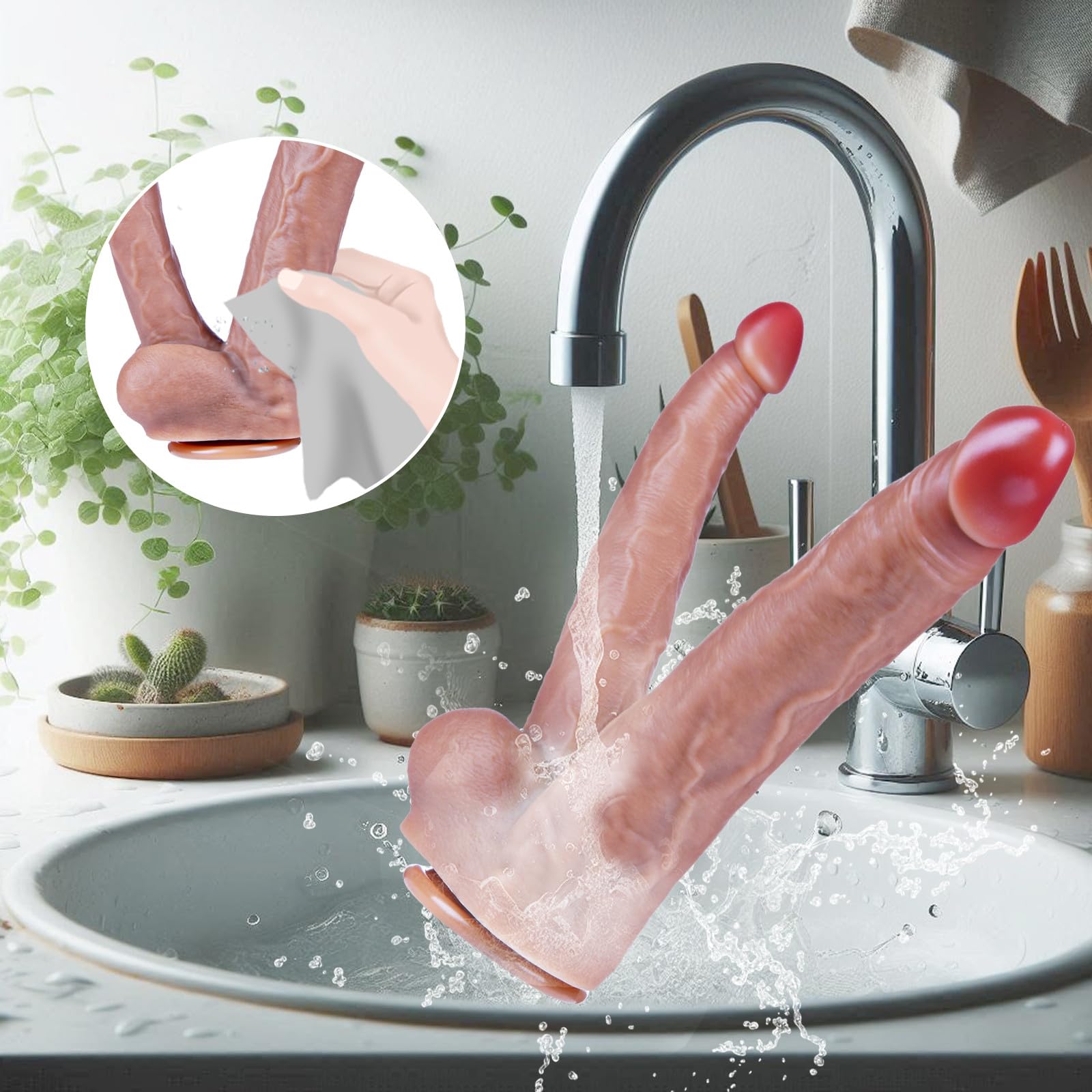 Dildo doppio di 26 cm, doppia penetrazione vaginale e anale, dildo realistico con base a ventosa potente, dildo G-spot in silicone, plug vaginale e anale XXL rinforzato, adatto per coppie lesbiche