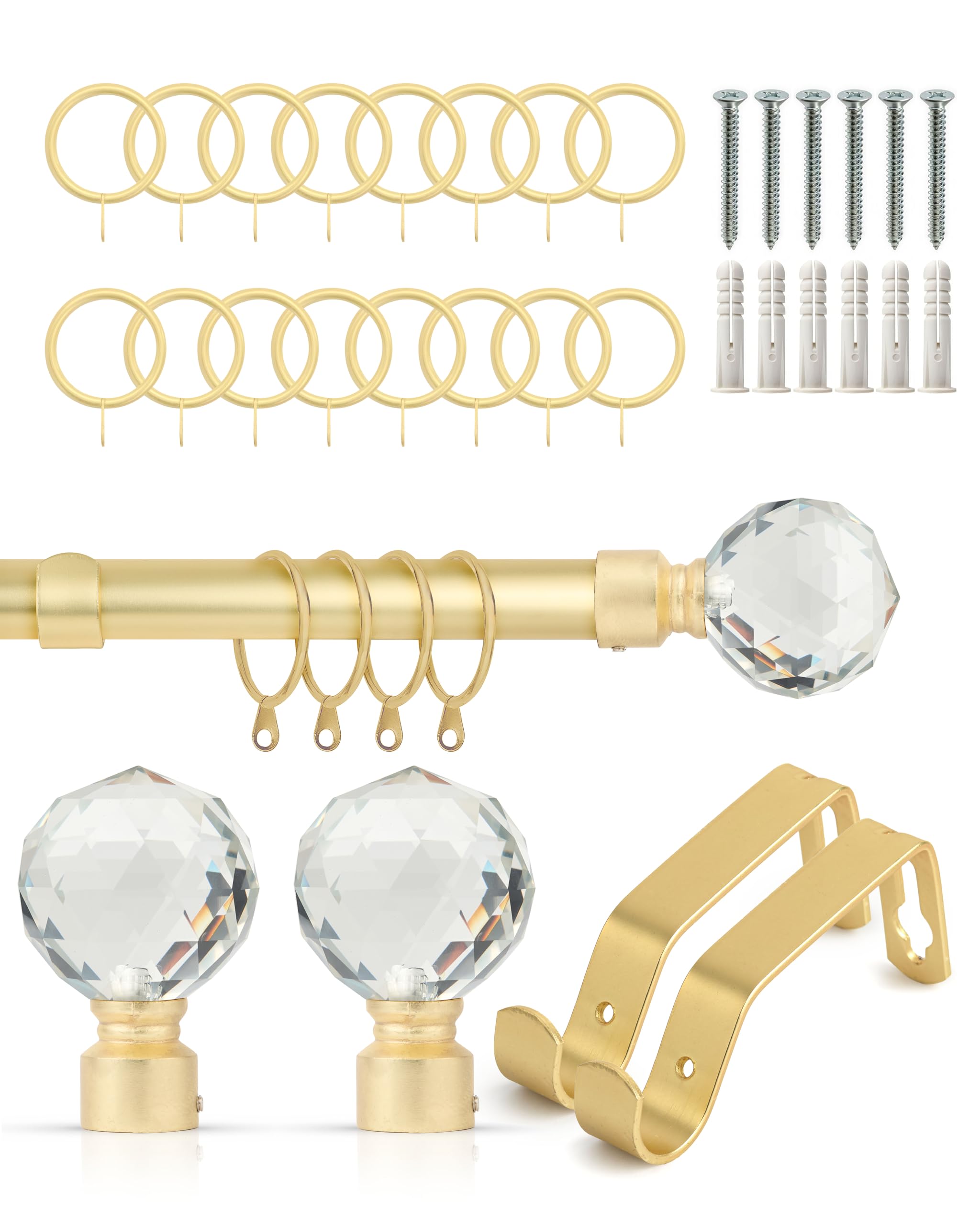 Emma Barclay Crystal Extendable Curtain Pole - Smooth Telescopic 19mm Metal Curtain Poles with Crystal Effect Finials, Brackets & Fittings for Eyelet Curtains (Matt Gold, 1.2m - 2.1m, With Rings)