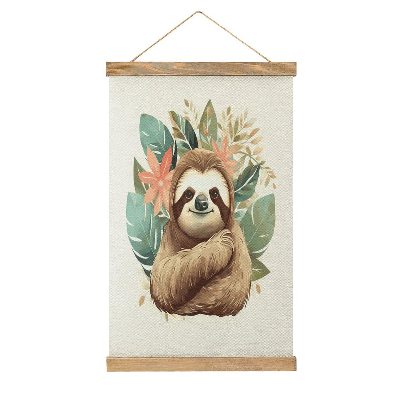 JTREHY Cute Sloth Leaves Linen Hanging Painting Vintage Poster Wall Art Prints Personality Style Wall Hanging Poster for Living Room Office Bedroom Decor Frame 13.2 X 20.47 Inch