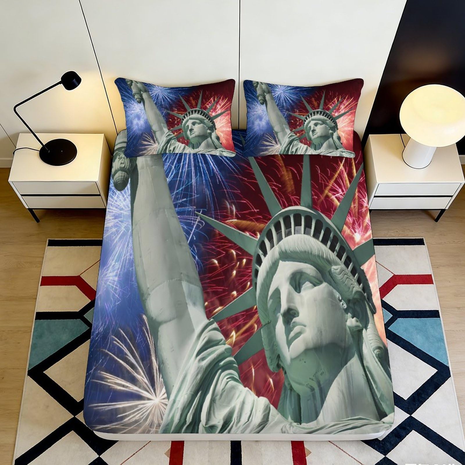 3D Printed Statue of Liberty Fireworks Fitted Sheet Microfiber Anti-Slip Bed Cover for Bedroom Guest Room Decor 200x200x25cm