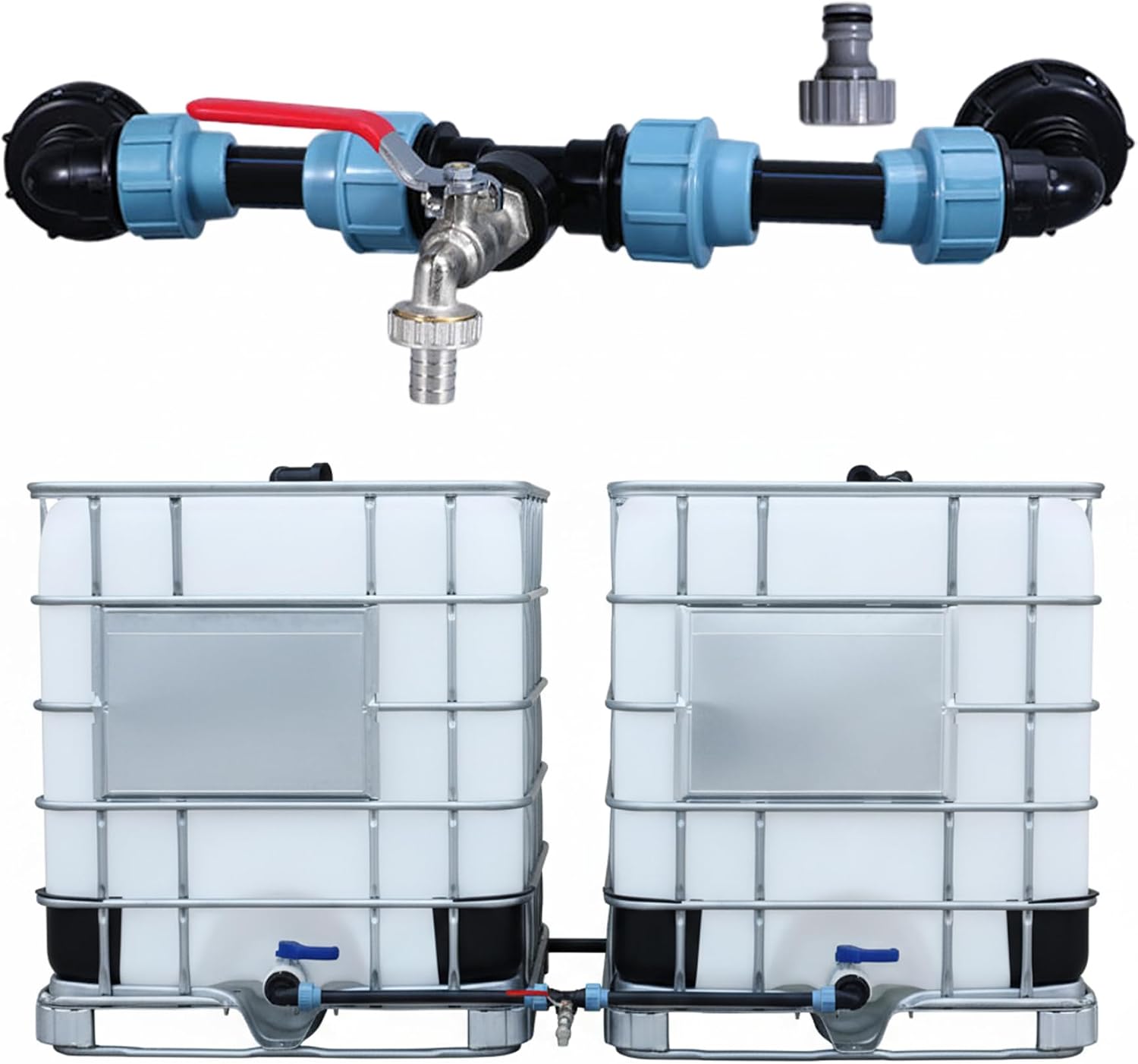 Rain Barrel Diverter Kit for 2 Barrels, Heavy Duty Nickel-Plated Brass Spigot with PE Hose & Fittings, Leak-Resistant Connector Kit for IBC Tote Water Transfer