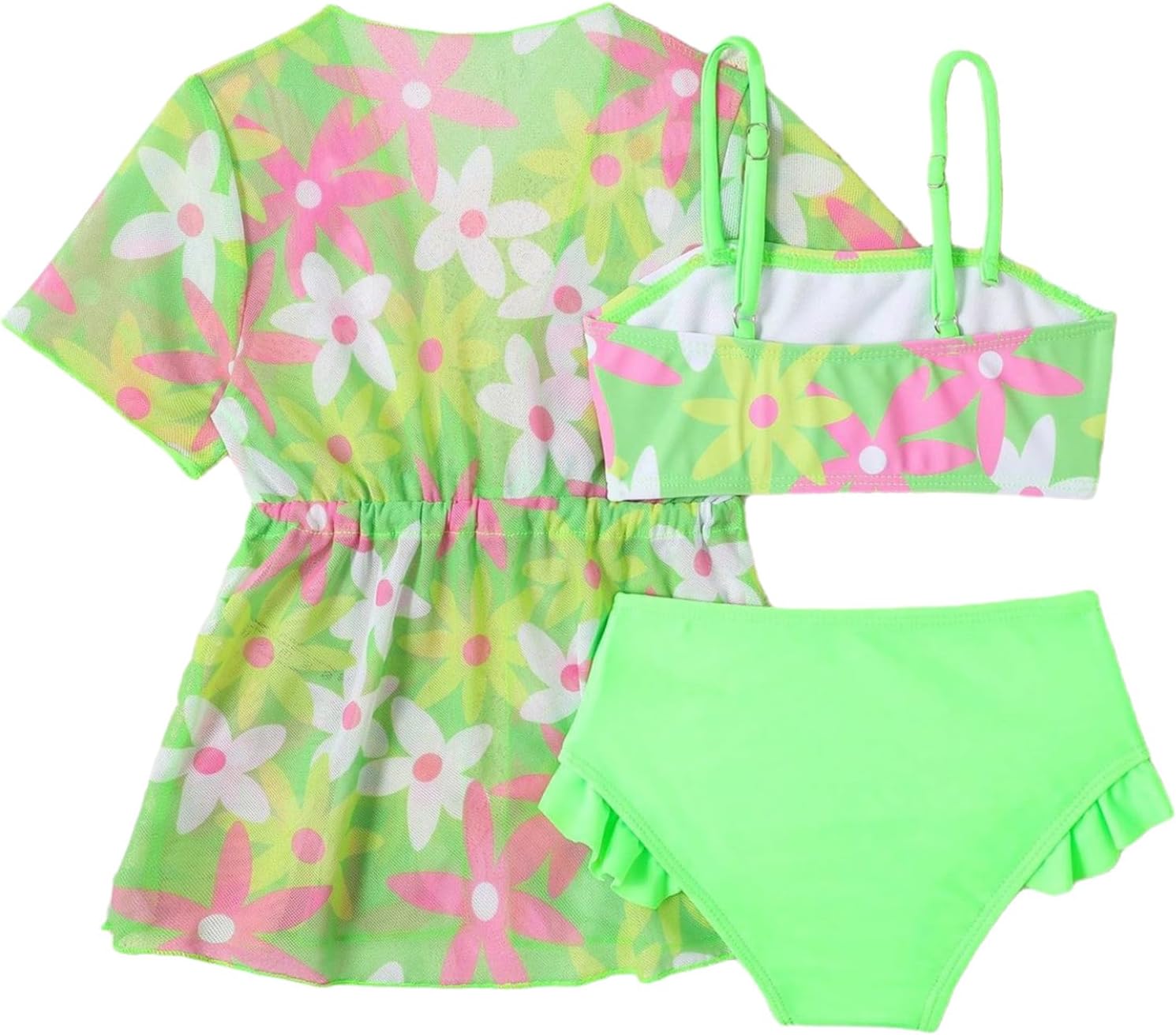 Sxiwei Girl's 3 Piece Swimsuits Tropical Print Bathing Suit Cute Bikini Sets with Beach Cover Up Swimwear Set