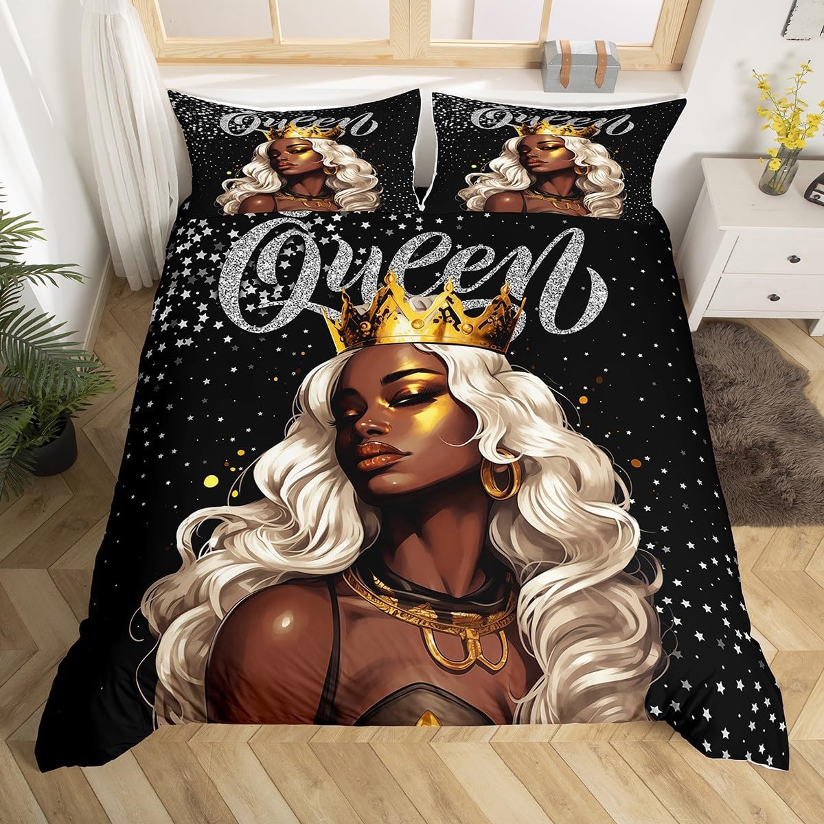 Black Woman Duvet Cover Set Queen Size,Sliver Glitter Crown Queen Comforter Cover,Fashion Beauty African Style American Bedding Set Kids Girls Adults Room Decor,Black Modern Quilt Cover,2 Pillowcases